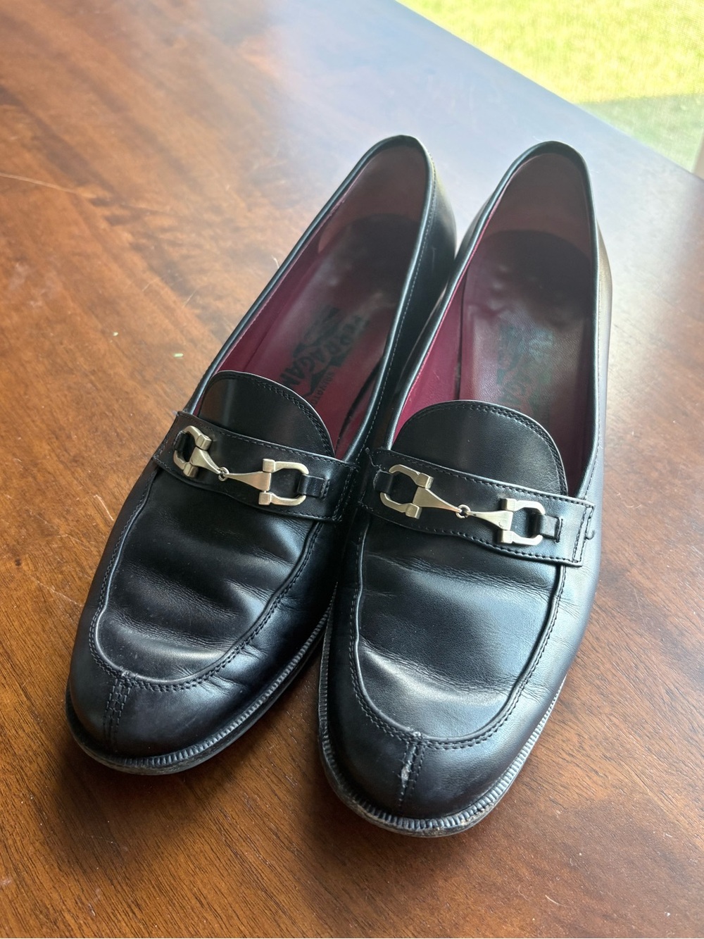 Salvatore Ferragamo Black Leather Gancini Bit Loafers Block Heel 7.5 B